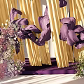 Elegant Floral Art Installation With Purple Frame Yellow Curtains And Purple Pink Floral Arrangements